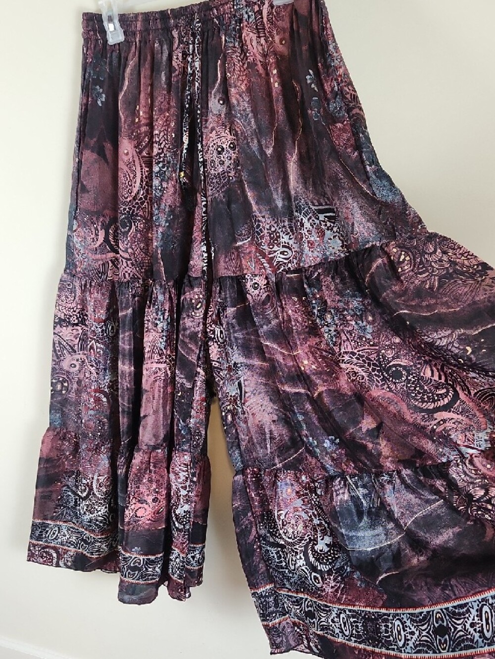 Boho Tiered Wide Leg Silk Pants in Deep Plum Paisley OSFM S M L XL